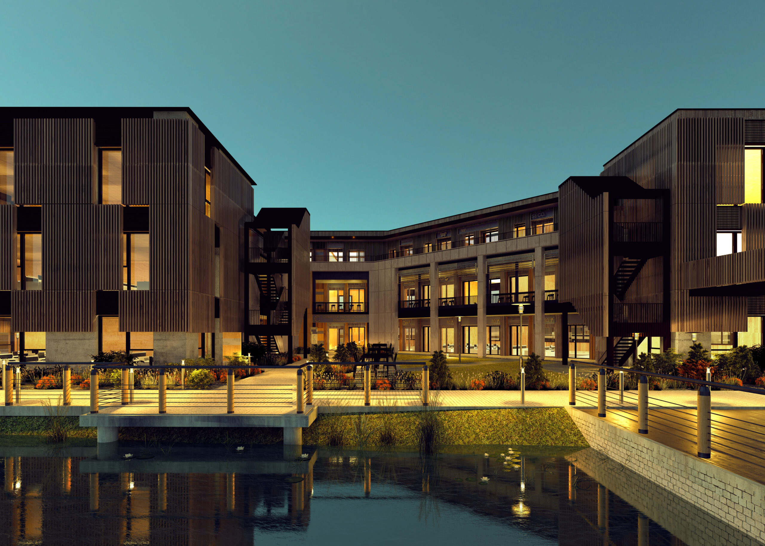 Cambridge Innovation Park_Building 4_Courtyard Night Render 3